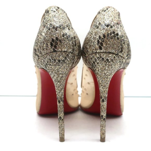 Christian Louboutin Follies Strass 100 Pumps Nude Mesh & Gold Glitter Size 37 - Picture 8 of 12